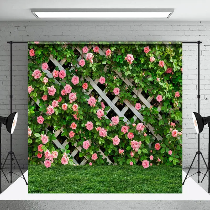Floral Green Grass Fence Spring Photography Backdrop - Aperturee