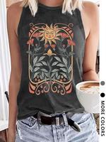 Women's Vintage Floral & Sun Print Round Neck Tank Top, Casual Sleeveless Top for Daily Wear, Ladies Clothes for All Seasons