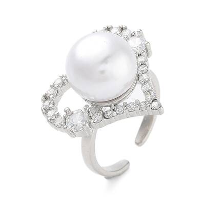 Heart Brass Micro Pave Clear Cubic Zirconia Open Cuff Ring for Women