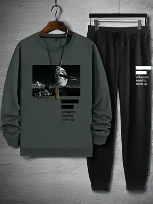 Two-piece Set Men's Simple Galaxy Letter Print Drawstring Pants Set, Regular Fit Casual Long Sleeve Round Neck Pullover & Poc...