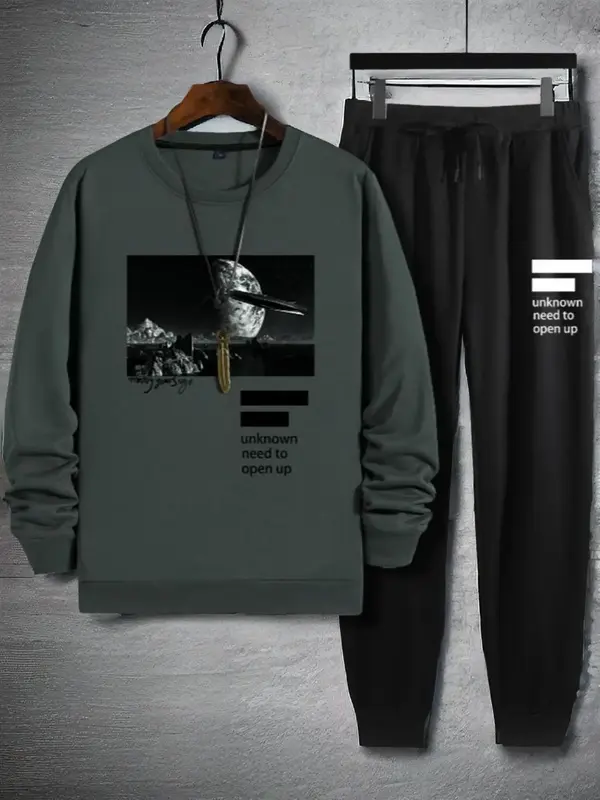 Two-piece Set Men's Simple Galaxy Letter Print Drawstring Pants Set, Regular Fit Casual Long Sleeve Round Neck Pullover & Poc...