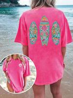 Women's Cartoon Surfboard & Shell Print Round Neck Tee, Casual Short Sleeve T-shirt for Beach Vacation, Ladies Clothes for Al...