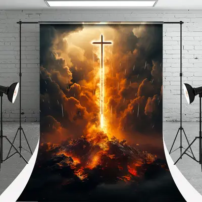 Deep Color Clouds Cross Volcano Easter Backdrop - Aperturee