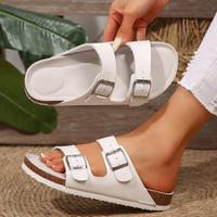 Women Sandals Double Buckle Cork Footbed Slide Sandals Fashion Open-Toe Flat Sandals Summer