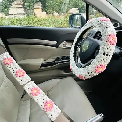 Crochet Car Steering Wheel Cover for Women, Car Accessories for Interior Decoration, Flower Pattern Protective Cover for Car...