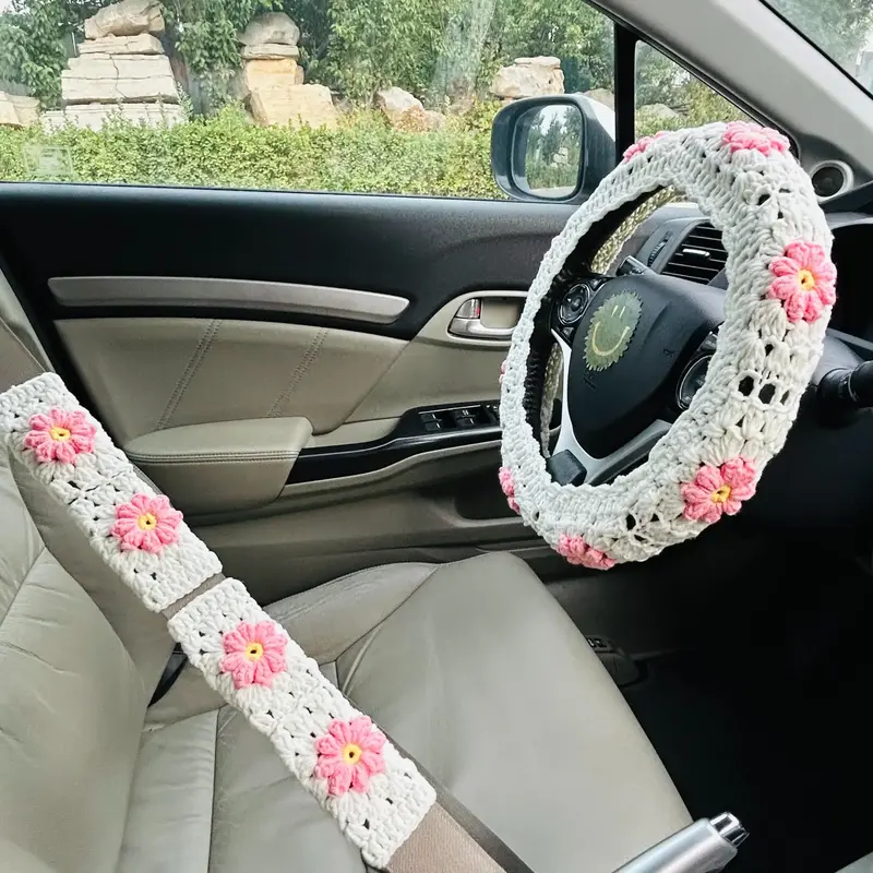 Crochet Car Steering Wheel Cover for Women, Car Accessories for Interior Decoration, Flower Pattern Protective Cover for Car...
