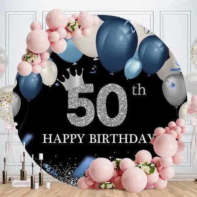 Aperturee Balloon Silver Happy 50Th Birthday Round Backdrop | Circle Birthday Backdrop Cover | Custom Backdrop Birthday | Bac...