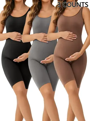 Women's Solid Backless Scoop Neck Maternity Romper, Pregnancy Bodysuit for All Seasons, Tummy Tuck Garment, Prenatal Maternit...
