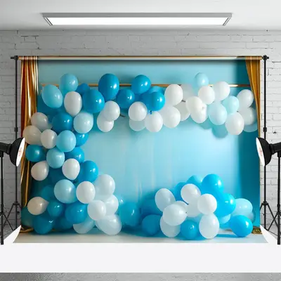 Blue White Balloons Gold Curtain Birthday Backdrop - Aperturee