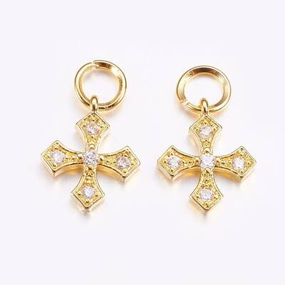 Brass Micro Pave Cubic Zirconia Tiny Cross Charms