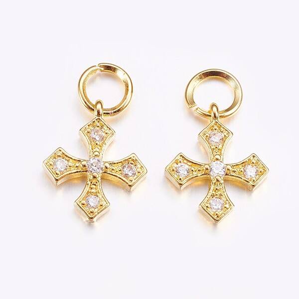 Brass Micro Pave Cubic Zirconia Tiny Cross Charms