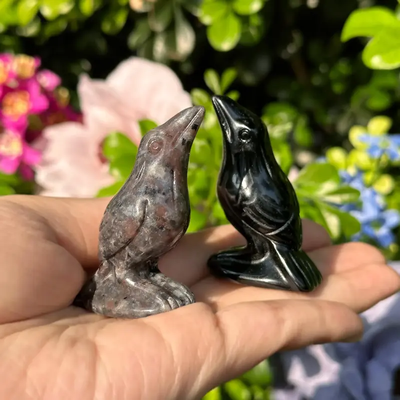 Obsidian Crow Hand Carved Mini Stone Animal Figure - Black with Unique Features - Home Decor and Gift Decoration
