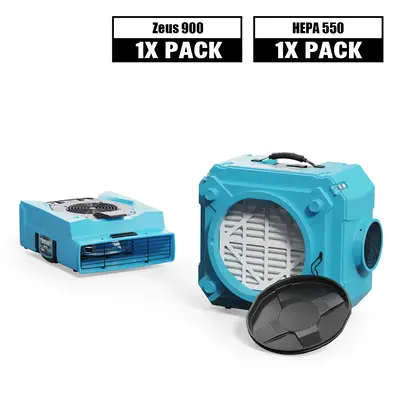 Alorair Air Solution Combo Pack, 1 X Zeus 900 Air Mover, 1 X CleanShield HEPA 550 Air Scrubber - Yellow / Red