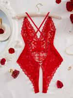 Women's Heart Decor Criss Cross Backless Lace Bodysuit, Sexy Adjustable Strap Open Crotch Design Lingerie for All Seasons, Wo...