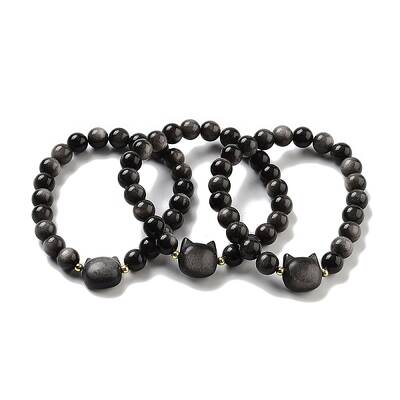 Round & Cat Head Natural Obsidian Beaded Stretch Bracelets for Women