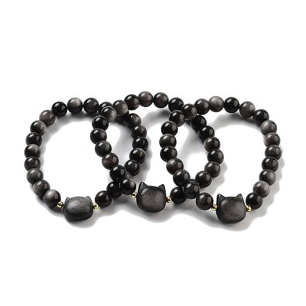 Round & Cat Head Natural Obsidian Beaded Stretch Bracelets for Women