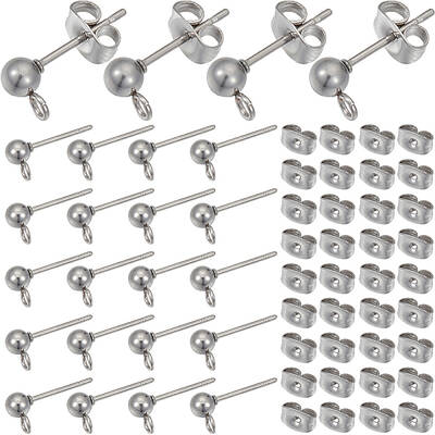100Pcs 304 Stainless Steel Ball Stud Earring Findings