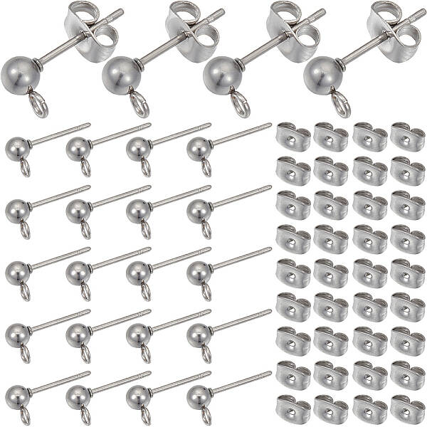 100Pcs 304 Stainless Steel Ball Stud Earring Findings