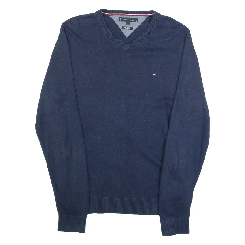 TOMMY HILFIGER Mens Jumper Blue V-Neck Tight Knit M