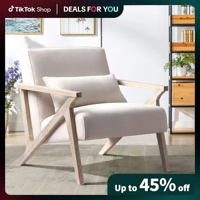 [Dealsforyoudays]EBELLO Mid Century Modern Chair with Wood Frame, Upholstered Armchair with Waist Cushion, Accent Chair for L...