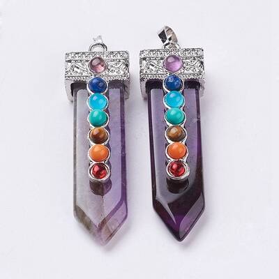 Natural Amethyst with Synthetic & Natural Mixed Stone Chakra Big Pendants