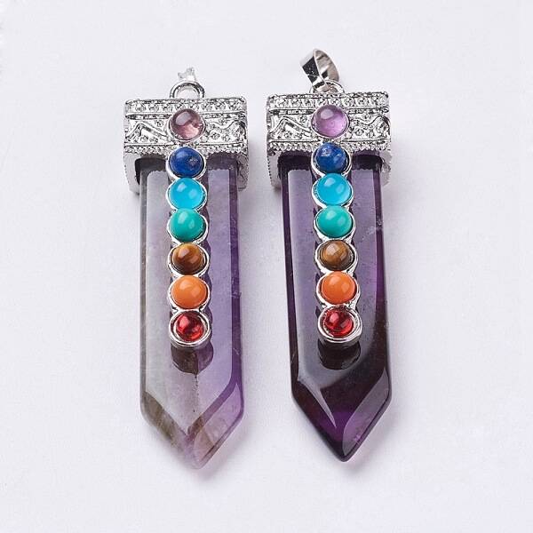 Natural Amethyst with Synthetic & Natural Mixed Stone Chakra Big Pendants