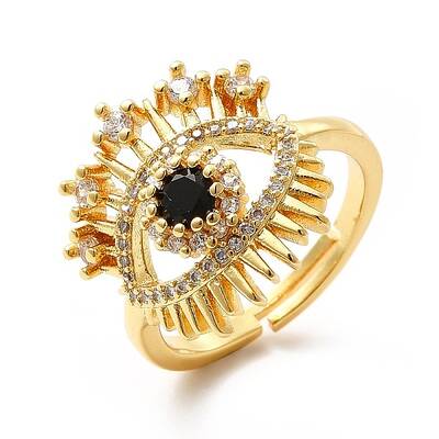 Black Glass Evil Eye Adjustable Ring with Cubic Zirconia