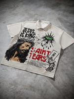 Men's Jesus Is King & Letter Print Short Sleeve Shirt, Casual Pop Art Print Revere Collar Top for Summer, Fashion Men's Cloth...