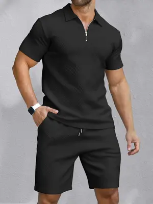 Two-piece Set Men's Half Placket Shirt & Drawstring Shorts Set, Summer Clothes 2024, Plain Collared Tops & Pocket Bottoms, Ba...