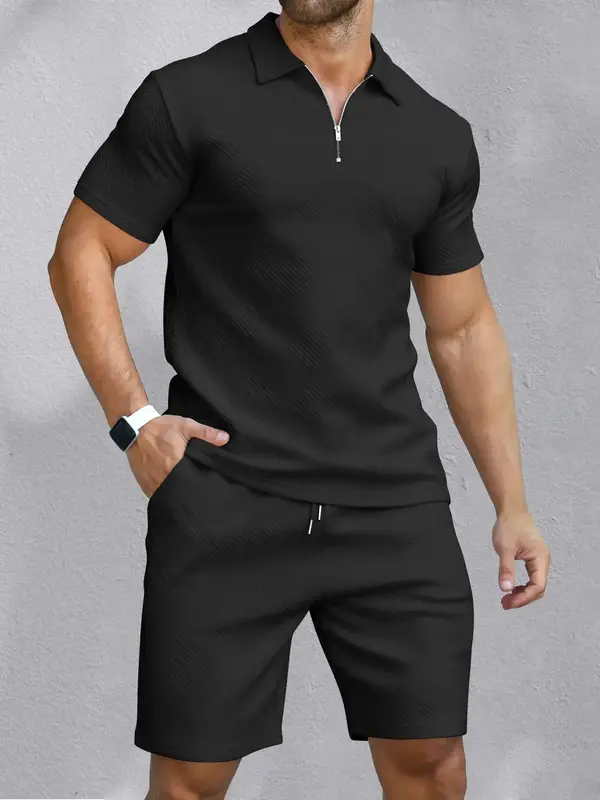Two-piece Set Men's Half Placket Shirt & Drawstring Shorts Set, Summer Clothes 2024, Plain Collared Tops & Pocket Bottoms, Ba...
