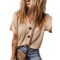 Dokotoo Womens Summer Tops 2025 Waffle Knit Button Down Shirts Casual V Neck Short Sleeve Shacket Jacket Dressy Blouses