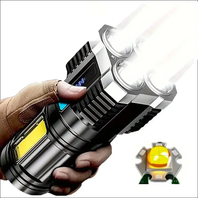 USB Rechargeable Flashlight, Portable 4 LED Flashlight With COB Side Light, Outdoor Equipment 4 Modes LED Torch, Built In Bat...