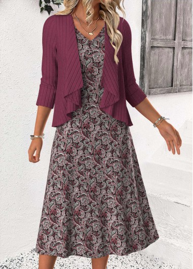 Modlily Dusty Purple Tummy Coverage Paisley Print Dress and Cardigan - M