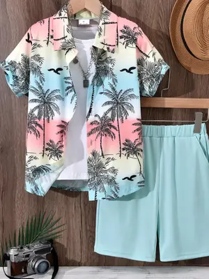 Two-piece Set Boy's Plants Print Shirt & Shorts Set, Casual Short Sleeve Collared Top & Shorts for Summer, Kids Clothes for B...