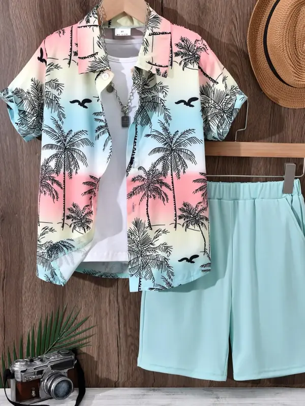 Two-piece Set Boy's Plants Print Shirt & Shorts Set, Casual Short Sleeve Collared Top & Shorts for Summer, Kids Clothes for B...