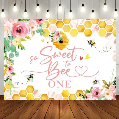 Honeycomb Pink Floral Bees 1st Birthday Backdrop - Aperturee
