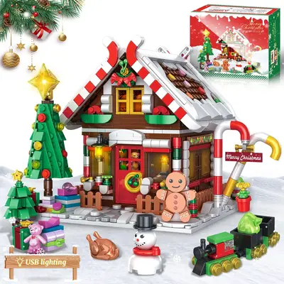 Christmas 2025 TOKMOC Gingerbread House Building Block Set,Pink,Green,Village House Blocks Architecture Set with Christmas Tr...