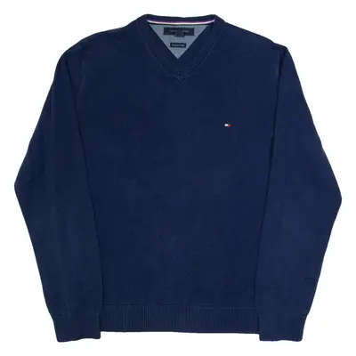 TOMMY HILFIGER Mens Jumper Blue V-Neck Tight Knit L