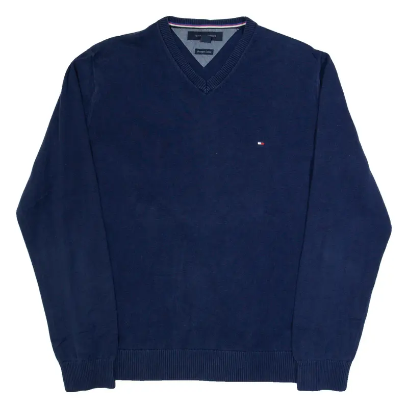 TOMMY HILFIGER Mens Jumper Blue V-Neck Tight Knit L