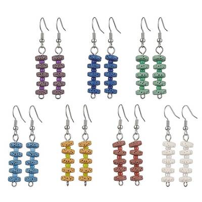 7 Pairs 7 Colors Natural Dyed Lava Rock Disc Beaded Dangle Earrings