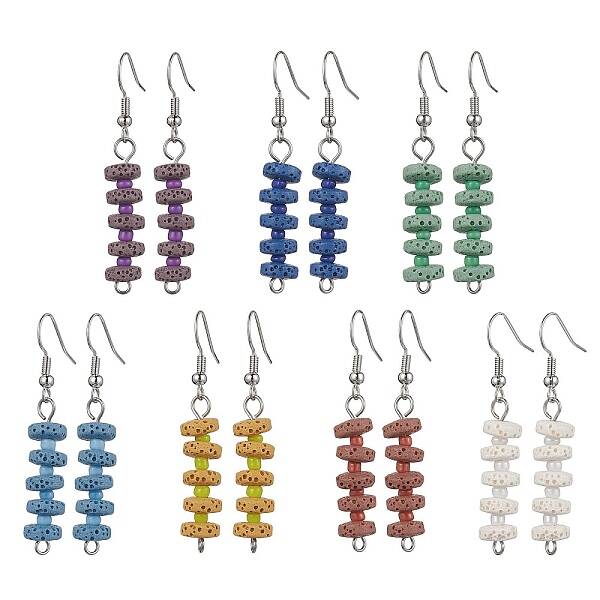 7 Pairs 7 Colors Natural Dyed Lava Rock Disc Beaded Dangle Earrings