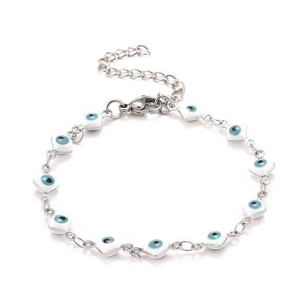 Enamel Rhombus with Evil Eye Link Chains Bracelet