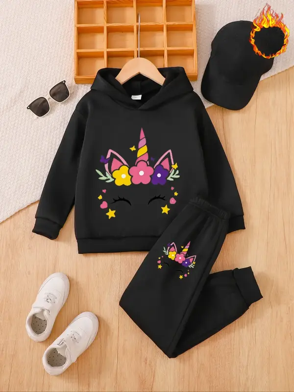 Girls' Fall & Winter Fleece Lined 2-Piece Fashion Clothes Set, Long Sleeve Hoodie Sweatshirt, Cute Unicorn Print, Loose Fit, ...