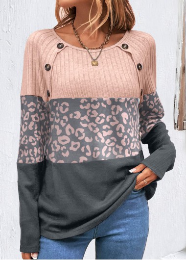 Modlily Decorative Button Light Pink Leopard Long Sleeve T Shirt - L