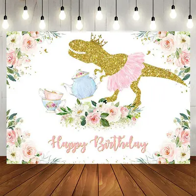 Aperturee Pink Floral Dinosaur Birthday Photoshoot Backdrop