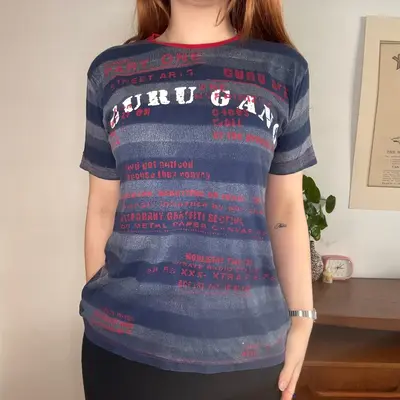 Guru Gang Striped T-Shirt - Small Blue Cotton