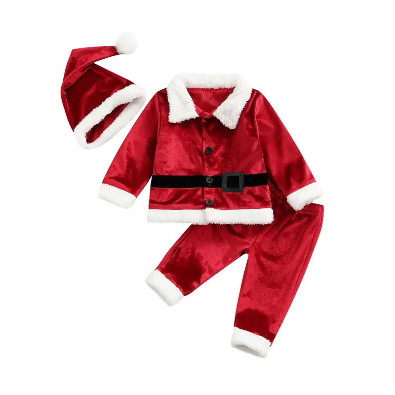 Toddler Baby Boys Girls Santa Costume Velvet Long Sleeve Christmas Jacket + Long Pants +Xmas Hat 3pcs Sets
