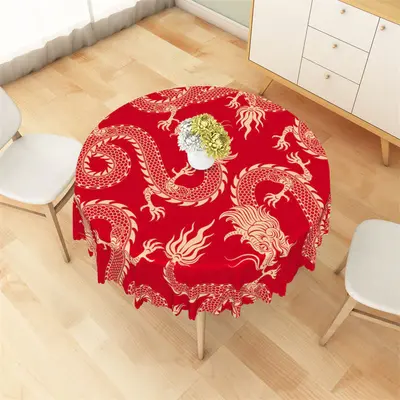 Red Golden Dragon Repeat Festive Round Tablecloth - Aperturee