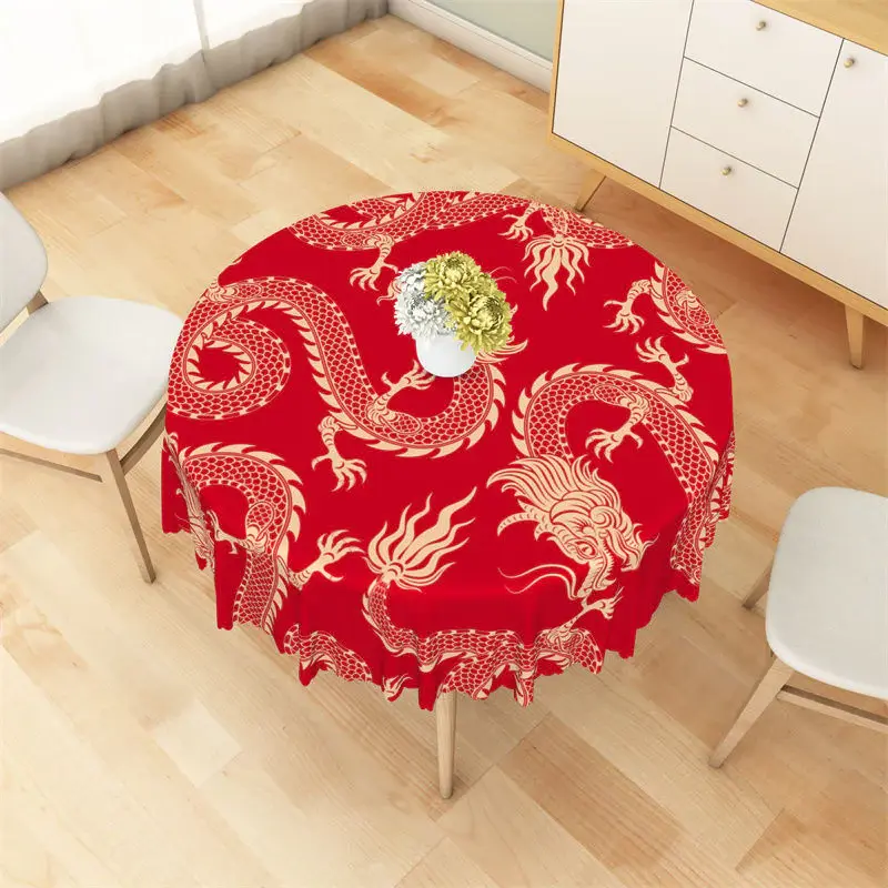 Red Golden Dragon Repeat Festive Round Tablecloth - Aperturee