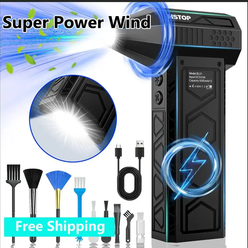 HSTP Compressed Air Duster – 180000 RPM Handheld Turbo Fan, 3-Speed Mini Jet Blower with LED Light, Reusable Electric Air D...